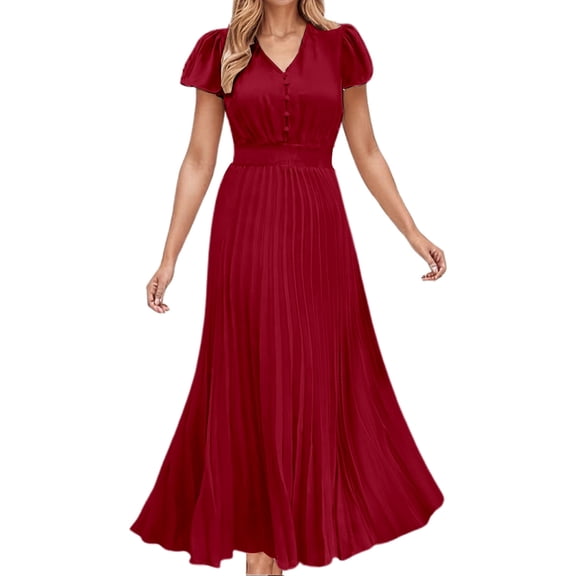 HJYCHN Women's V-Neck Short Sleeve Casual Dress with Ruffled Detail and Included Necklace for Everyday Spring Wear Red S