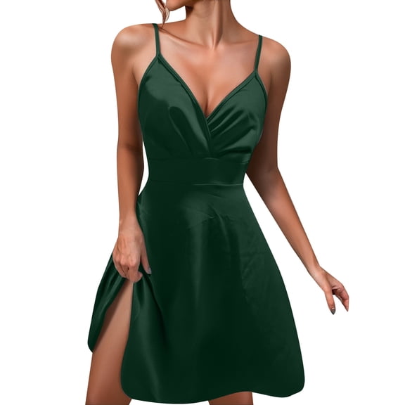 HJYCHN Women's V-Neck Spaghetti Strap Ruched Bodycon Dress for Evening Party and Night Club Outfits Dress Dark Green XL