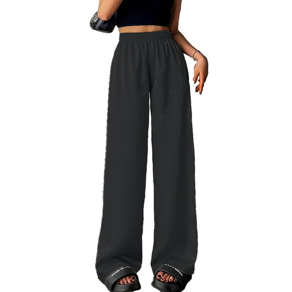 HJYCHN Women's Wide-Leg Trousers Flowy Straight High Waist Casual Comfort Loose Fit Solid Tone Lightweight Everyday Pant Black L