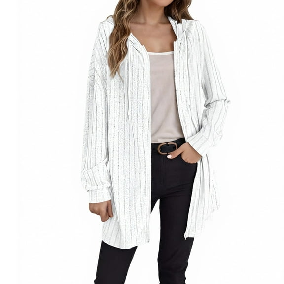 HJYCHN Women's Zippered Hooded Sweater Coat Casual Lightweight Cardigan Fashion Outerwear for Autumn White L