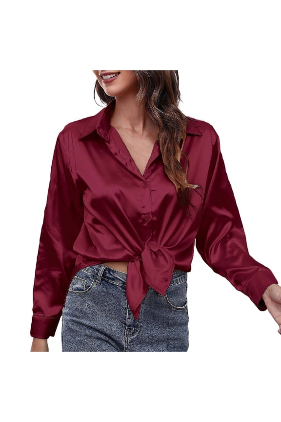 Womens Blouses Satin Silk Button Down Shirt Casual Loose Long Sleeve Work Edition Blouse with a Polished Button Down Shirts for Women M