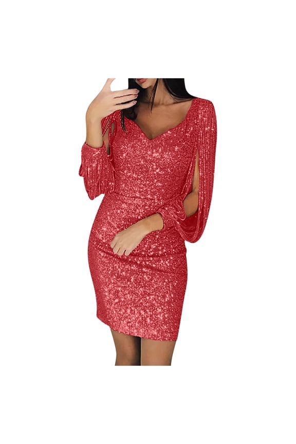 Womens Dresses Party Dress Solid Color with Sequined Stitching Shining Club Style Long Sleeved Mini Elegant Party Dresses for Women Red S