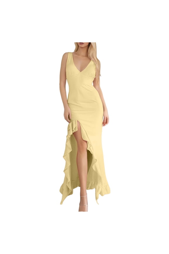 Womens Dresses V-Neck Sleeveless Dress with Mesh Ruffle Hem Bodycon Maxi Style High Slit for Party Event Party Dresses for Women Yellow L