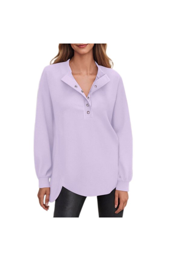 Womens Hoodie Casual Crewneck Button Down Long Sleeve Pullover Sweatshirt Top Soft Comfortable Knit Blouse for Everyday Light Purple XL