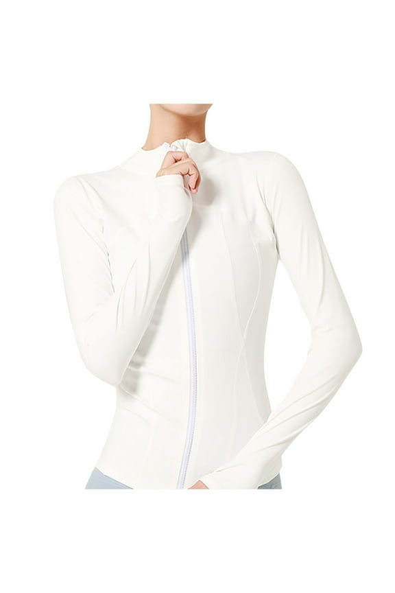 Womens Jacket Nylon Stand Collar Slim Fit Full Zip Athletic Running Sports Workout Jacket With Pockets Lightweight Breathable Coats for Women White S