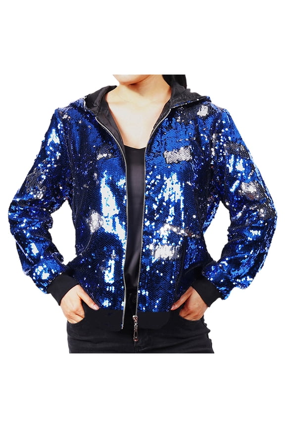 Womens Jacket Reversible Sequin Jacket Hooded Baseball Style Shimmering Party Outwear Long Sleeve Zip Up Womens Winter Coats Blue XXL