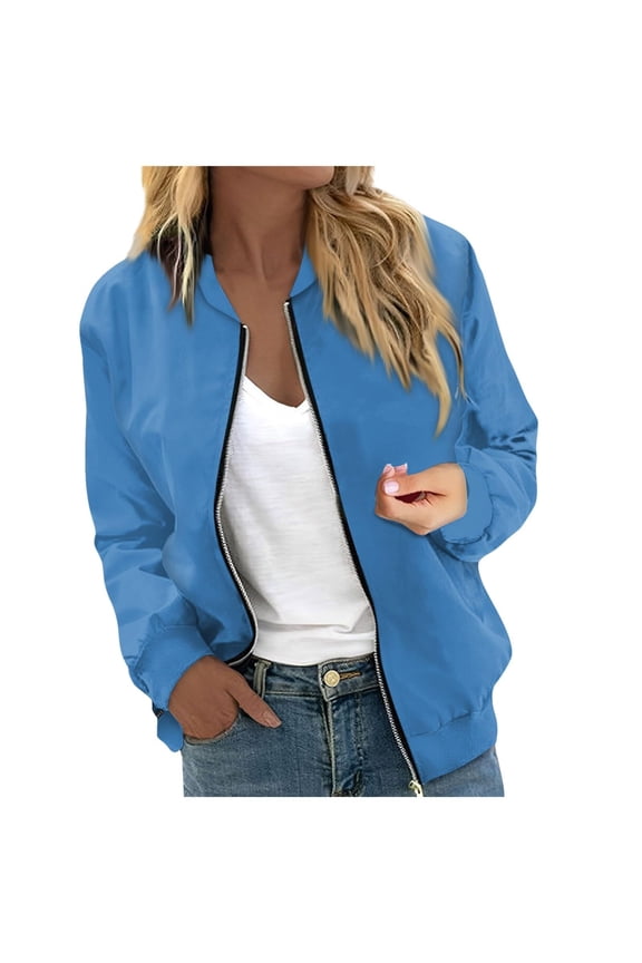 Womens Jackets Casual Floral Zip Up Jacket Spring Long Sleeve Lightweight Short Outwear Tops Stand Collar Coat Coats for Women Blue XXL