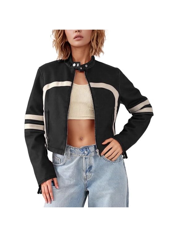Womens Jackets Fashion Cropped Jacket Contrast Color PU Leather Outerwear For Streetwear And Casual Style Short Coat Winter Coats for Women Black S