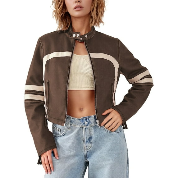 HJYCHN Womens Jackets Fashion Cropped Jacket Contrast Color PU Leather Outerwear For Streetwear And Casual Style Short Coat Winter Coats for Women Brown M