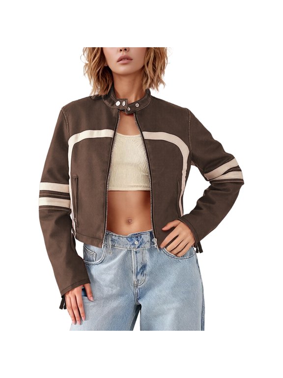 Womens Jackets Fashion Cropped Jacket Contrast Color PU Leather Outerwear For Streetwear And Casual Style Short Coat Winter Coats for Women Brown S