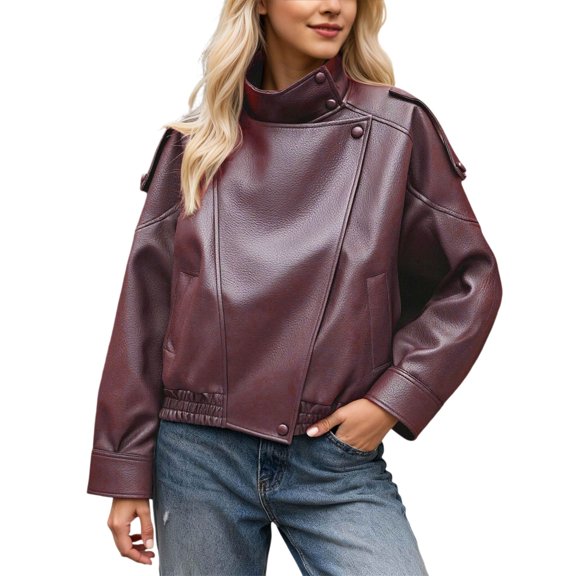 HJYCHN Womens Jackets Stylish PU Jacket Outerwear For Fall Winter Season Classic Versatile Cropped Moto Coat With Zipper Closure Coats for Women S