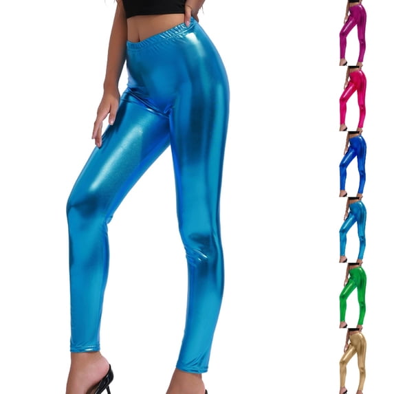 HJYCHN Womens Leggings High Waist Elastic Metallic Shine Slim Fit Solid Carnival Party Pants for Women