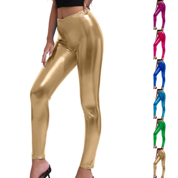 HJYCHN Womens Leggings High Waist Elastic Metallic Shine Slim Fit Solid Carnival Party Pants for Women