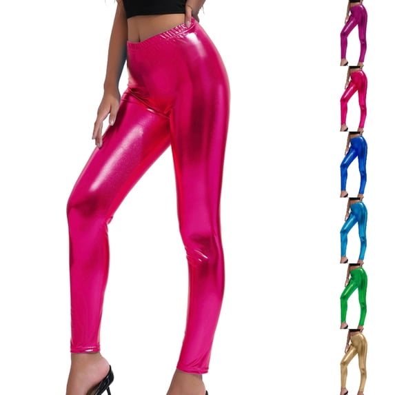 HJYCHN Womens Leggings High Waist Elastic Metallic Shine Slim Fit Solid Carnival Party Pants for Women
