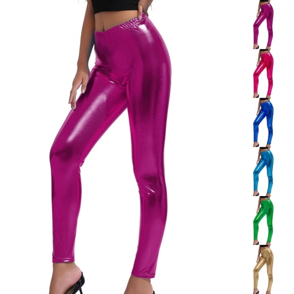 HJYCHN Womens Leggings High Waist Elastic Metallic Shine Slim Fit Solid Carnival Party Pants for Women