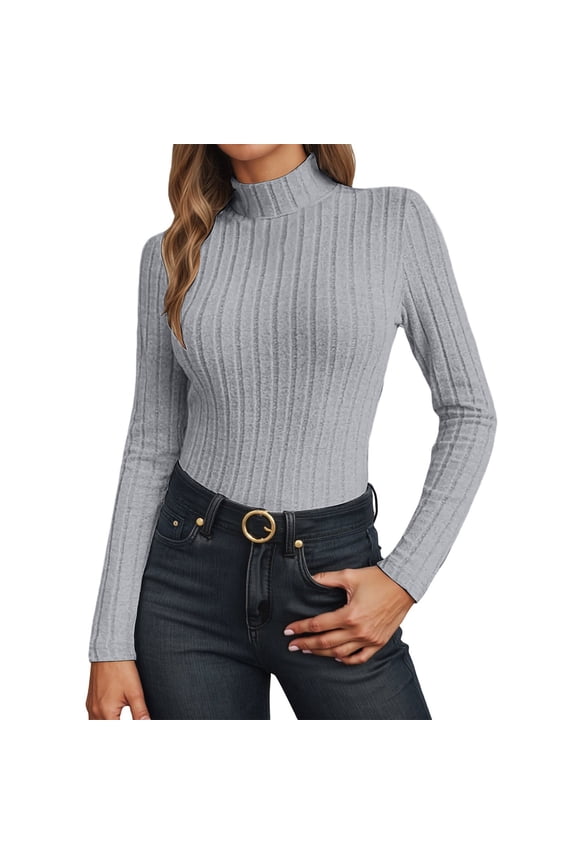 Womens Long Sleeve Tops High Neck Knit Fitted Pullover T Shirt Layering Top for a Sleek and Warm Base Layer Womens Shirts Grey L