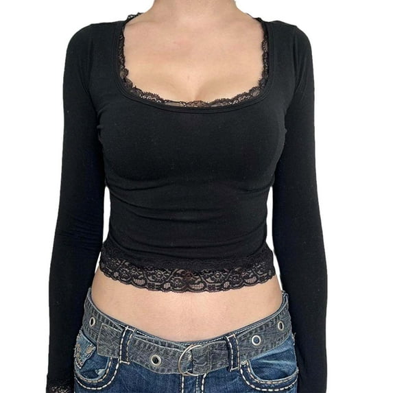 HJYCHN Womens Long Sleeve Tops Lace Square Neck Long Sleeve T Shirt Solid Color Pullover Slim Fit Bottom Short T Shirt Top Womens Shirts Black L