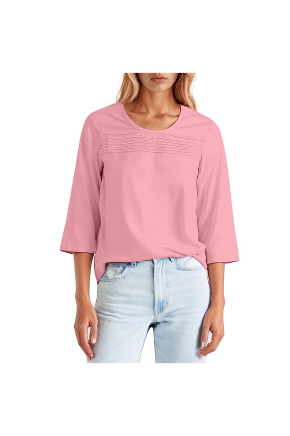 Womens Long Sleeve Tops Round Neck Three Quarter Sleeve T Shirt with Pleated Front Line Detail for a Textured Womens Shirts Light Pink XXXL