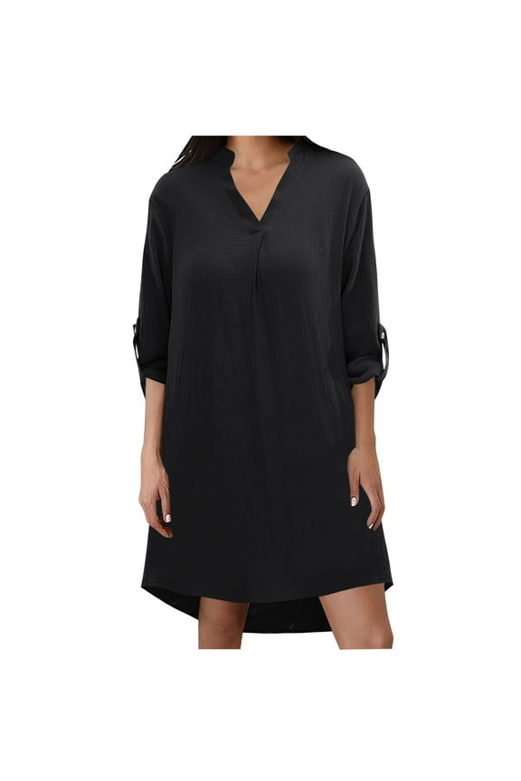 Womens Long Sleeve Tops Solid Long Sleeve Three Quarter Sleeve Shirt Dress Casual Maxi Button Down Blouse Top Versatile Wear Womens Shirts Black S