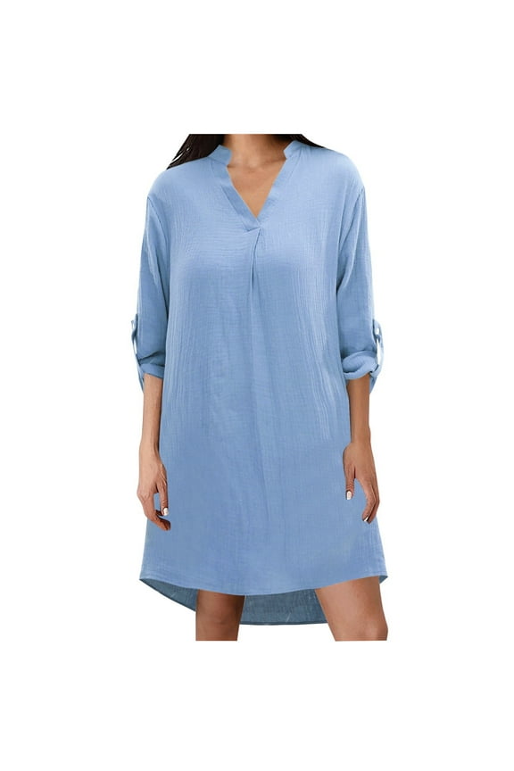 Womens Long Sleeve Tops Solid Long Sleeve Three Quarter Sleeve Shirt Dress Casual Maxi Button Down Blouse Top Versatile Wear Womens Shirts Sky Blue S