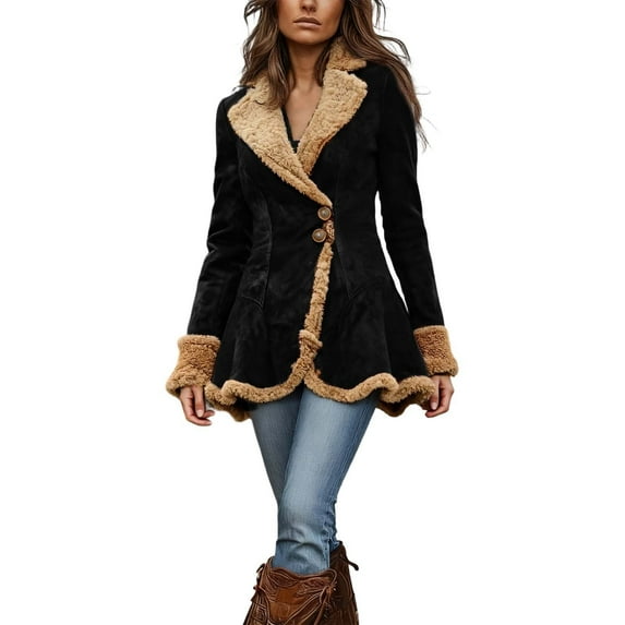 HJYCHN Womens Suede Winter Jacket Cozy Sherpa Lined Stand Collar Coat for Cold Weather Casual Outerwear Black S
