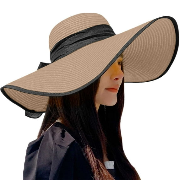 HJYCHN Womens Summer Beach Sun Hat with Wide Brim Foldable Floppy Straw Design for Sun Khaki One Size