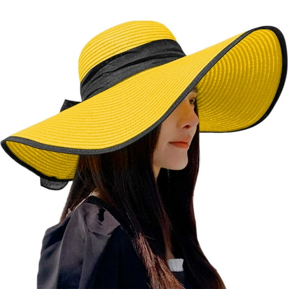HJYCHN Womens Summer Beach Sun Hat with Wide Brim Foldable Floppy Straw Design for Sun Yellow One Size
