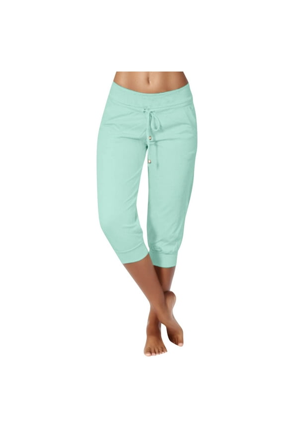 Womens Sweatpants Knitted Cropped Casual Tight High Waisted Drawstring Pocket Sports Pants Casual Pants for Women Women'S Pants Mint Green M