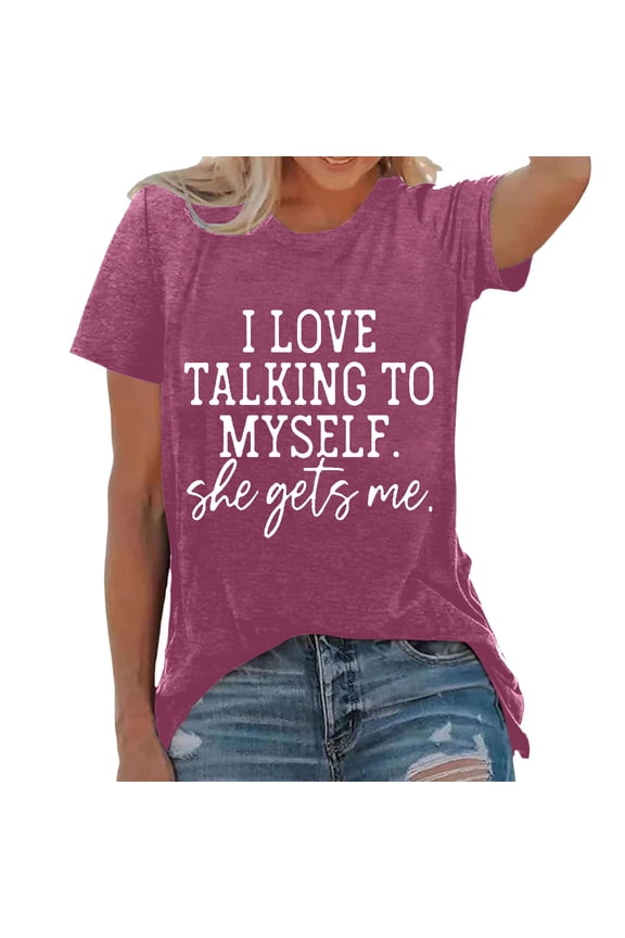 Womens Tops Fashion Print Top Loose Crew Neck T Shirt with I Talking To Quote for Casual Wear Womens T Shirts Purple M