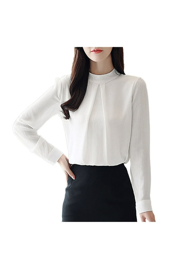 Womens Tops Korean Version Long Sleeved Loose Chiffon Shirt Stand Collar Fashion Temperament Style Small Top Blouses for Women Dressy Casual White S