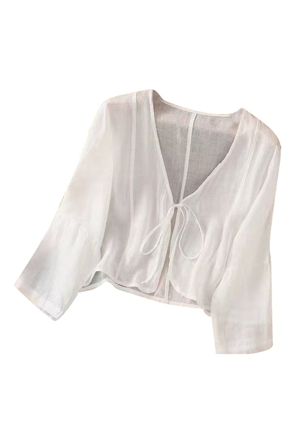 Womens Tops Summer Loose Linen Solid Color Literary Thin Lace Up Casual Top for a Bohemian Style Womens Shirts White L