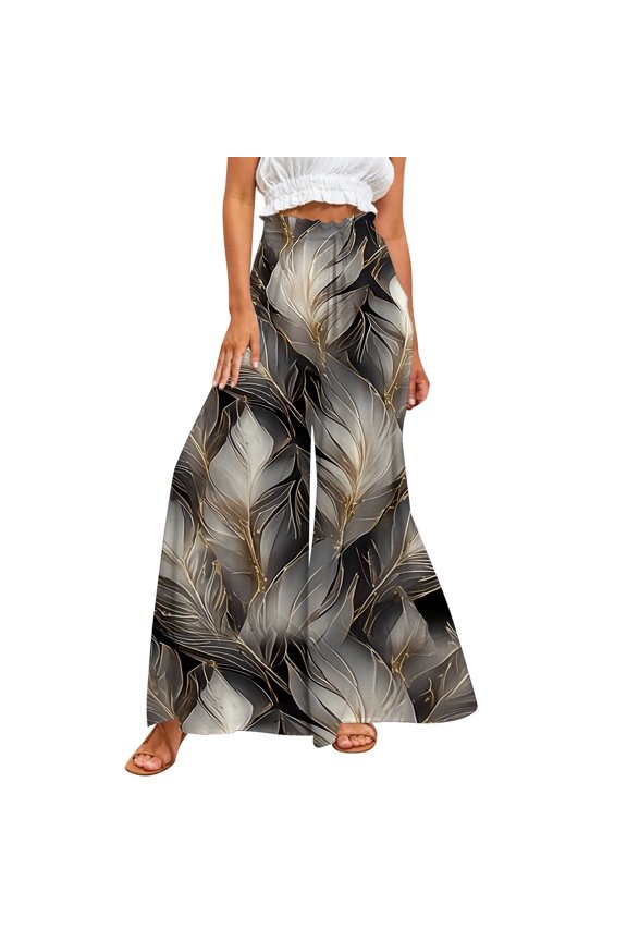 Womens Wide-Leg Palazzo Boho Floral Beach Culottes Flowy Casual Trousers Comfortable Lightweight Elegant Design Black XXL