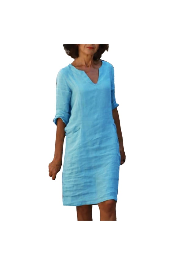 and Linen Short Sleeve V-Neck Mini Dress for Women Holiday and Semi Casual Wear Blue XXXL