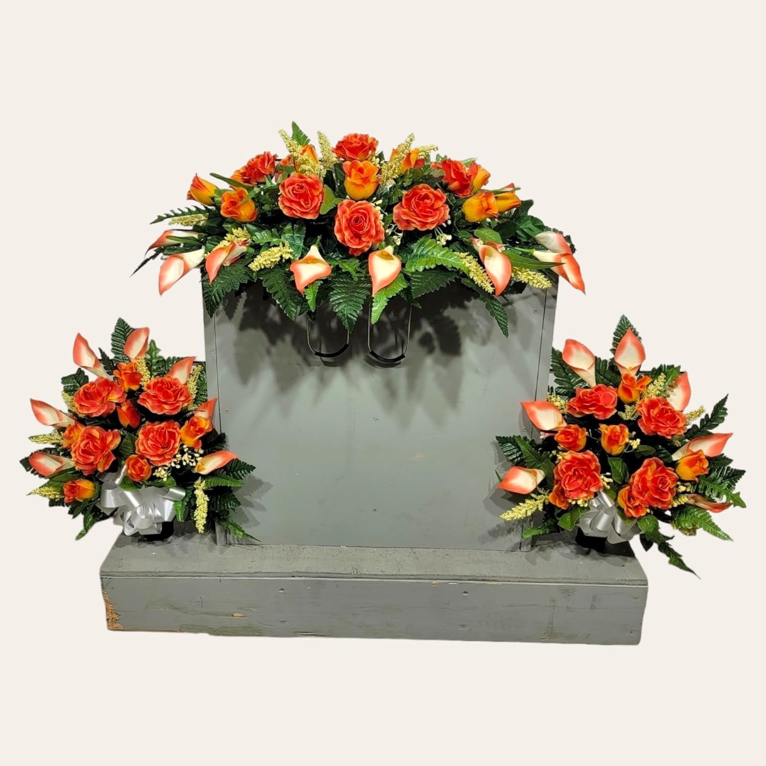 HJZBNONE Realistic Artificial Cemetery Flowers Silk Faux Floral Orange Rose and Calla Lily