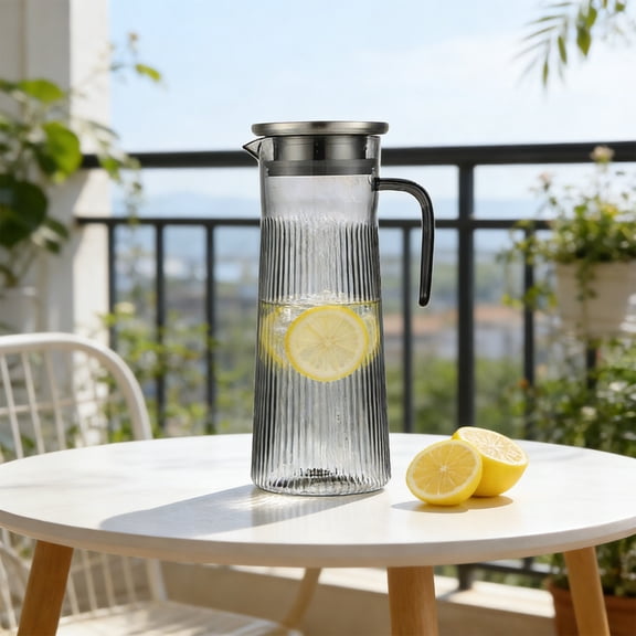 HJuyYuah 1 Quart PC Striped Cold Water Kettle, Acrylic Plastic Pitcher with Stainless Steel Lid and Handle, Pitcher for Home Kitchen Juices Tea