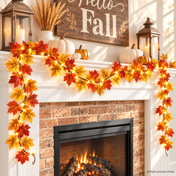 HJuyYuah 6.6FT Orange LED Maple Leaf Garland, Fall Vines with Lights for Thanksgiving Halloween Home Decor