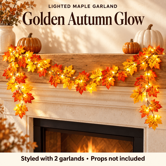 HJuyYuah 6.6FT Orange LED Maple Leaf Garland, Fall Vines with Lights for Thanksgiving Halloween Home Decor