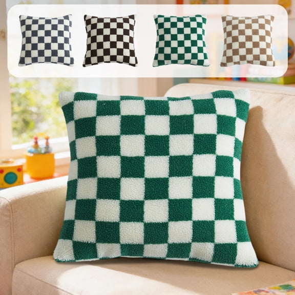 HJuyYuah Checkerboard Lamb Wool Pillowcase, Multi Color Plaid Cushion Cover, Soft Plush Sofa Pillow for Bed Couch