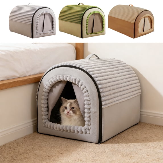 HJuyYuah Enclosed Cat House with Door Flap, Covered Cave Bed with Removable Washable Pad