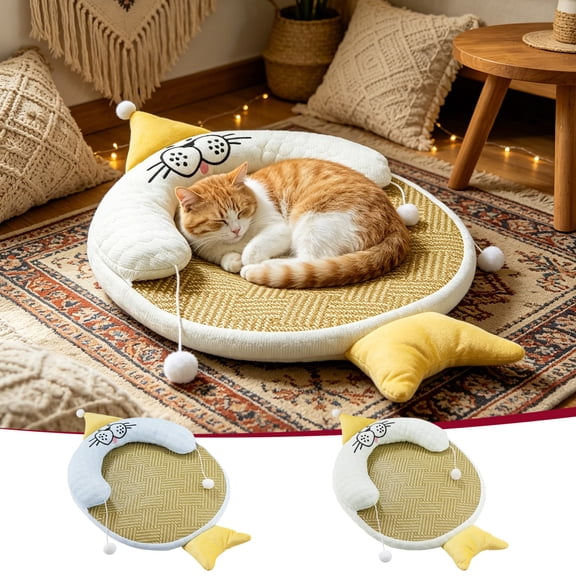 HJuyYuah Fish Shaped Summer Mat, Breathable Rattan Pet Bed with U-Shaped Neck Pillow Washable