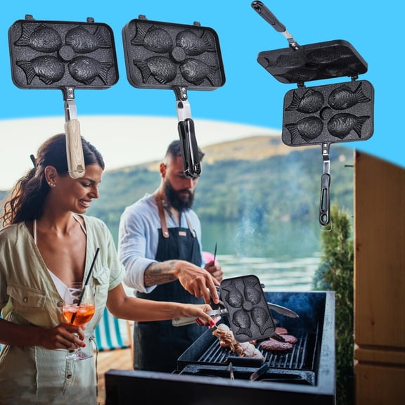 HJuyYuah Four Fish Non Stick Double Sided Sea Bream Grill, Aluminum Fish Shaped Frying Pan for Pancakes, Detachable Handle