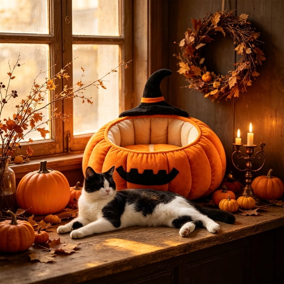 HJuyYuah Halloween Pumpkin Pet Bed, Warm Enclosed Cave for Small Medium Cats Dogs Thanksgiving Themed