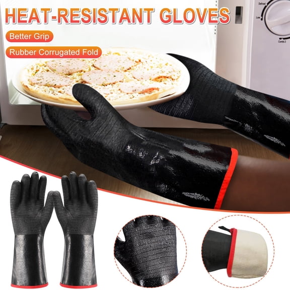 HJuyYuah Heat Resistant BBQ Gloves, 932°F Aramid with Neoprene Coating, Long Sleeve for Grill Fryer Baking Oven Thin