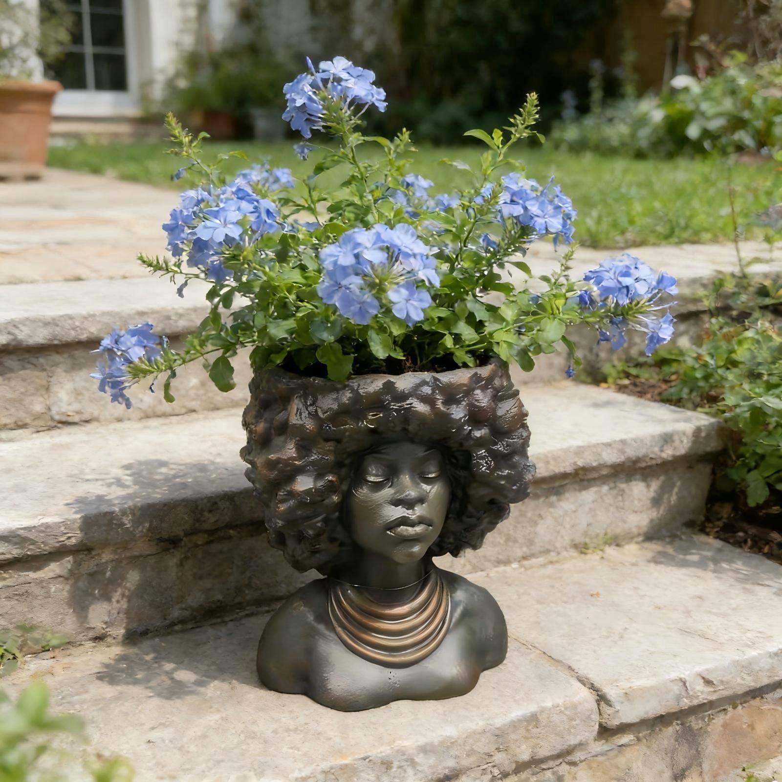 HJuyYuah Lady Head Planter, Afros Bust Head Planter Indoor, Statue Planter, Garden Decor, Vintage Sculpture Gift for Plants Lovers, 8.9x6.5x12.2"