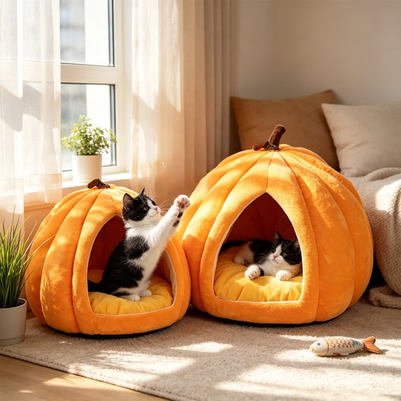 HJuyYuah Pumpkin Enclosed Cat Bed, Covered Cave with Soft Cushion for Kittens Winter Warm Sleeping
