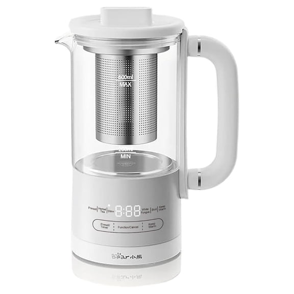 HK-5L06P04 Mini Health Pot, Electric Kettle Tea Maker with Infuser, Glass Kettle & 316L Stainless Steel, 6 Auto Menus, 0.6L Compact Size, White