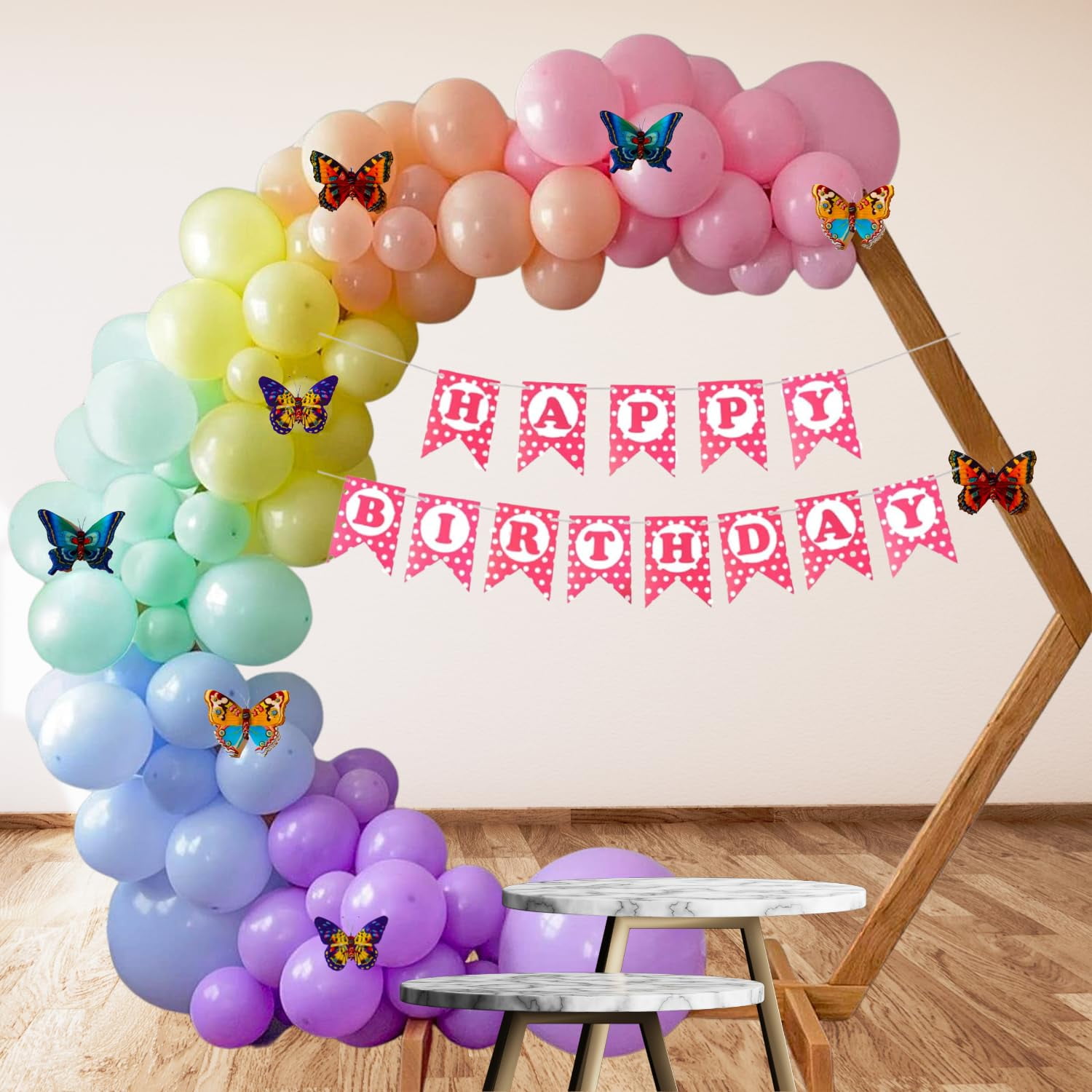 HK Balloons Rainbow Pastel Birthday Decoration Item Set For Kids With Multi Butterfly Set Backdrop Birthday Decoration Combo Kit