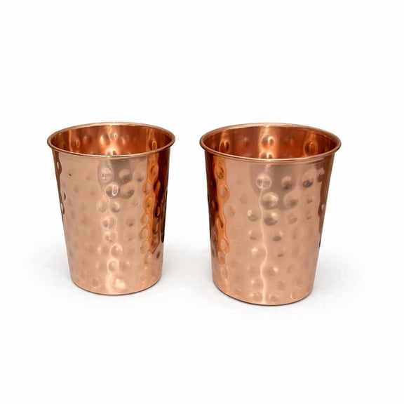 HK Homes Pure Copper Water Glass Set of 2, Hammered Finish, 300ml Drinking Tumblers for Daily Hydration