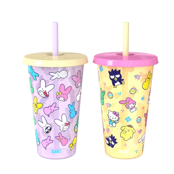 Zak Designs 25oz Peeps x Hello Kitty Durable Plastic Straw Tumbler Set - Pink/Yellow, 2 Pack