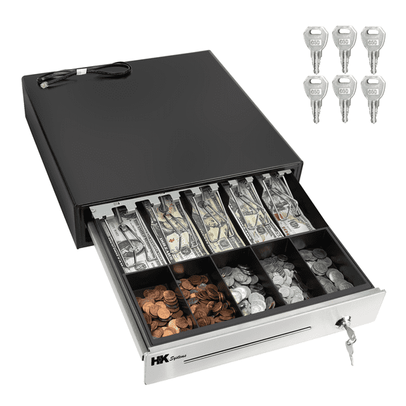 HK SYSTEMS 16" POS Cash Drawer Stainless Steel Front, Ball bearing slide, Heavy Duty POS with Removable Tray 5Bill/5Coin 